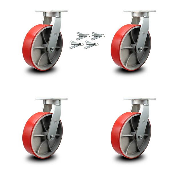 10 Inch Heavy Duty Red Poly on Cast Iron Caster Set with Swivel Locks, 4PK